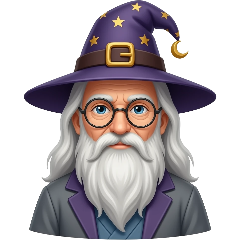 Albus Dumbledore emoji, Apple style, clean 3D, soft gradients, elderly man, long silver beard, half-moon glasses, wizard hat, calm expression, minimal icon, centered, white background, high detail emoji