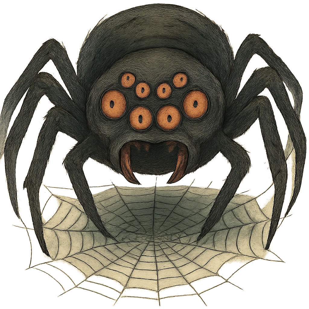 creepy spider with too many eyes, looming over a web, horror illustration emoji