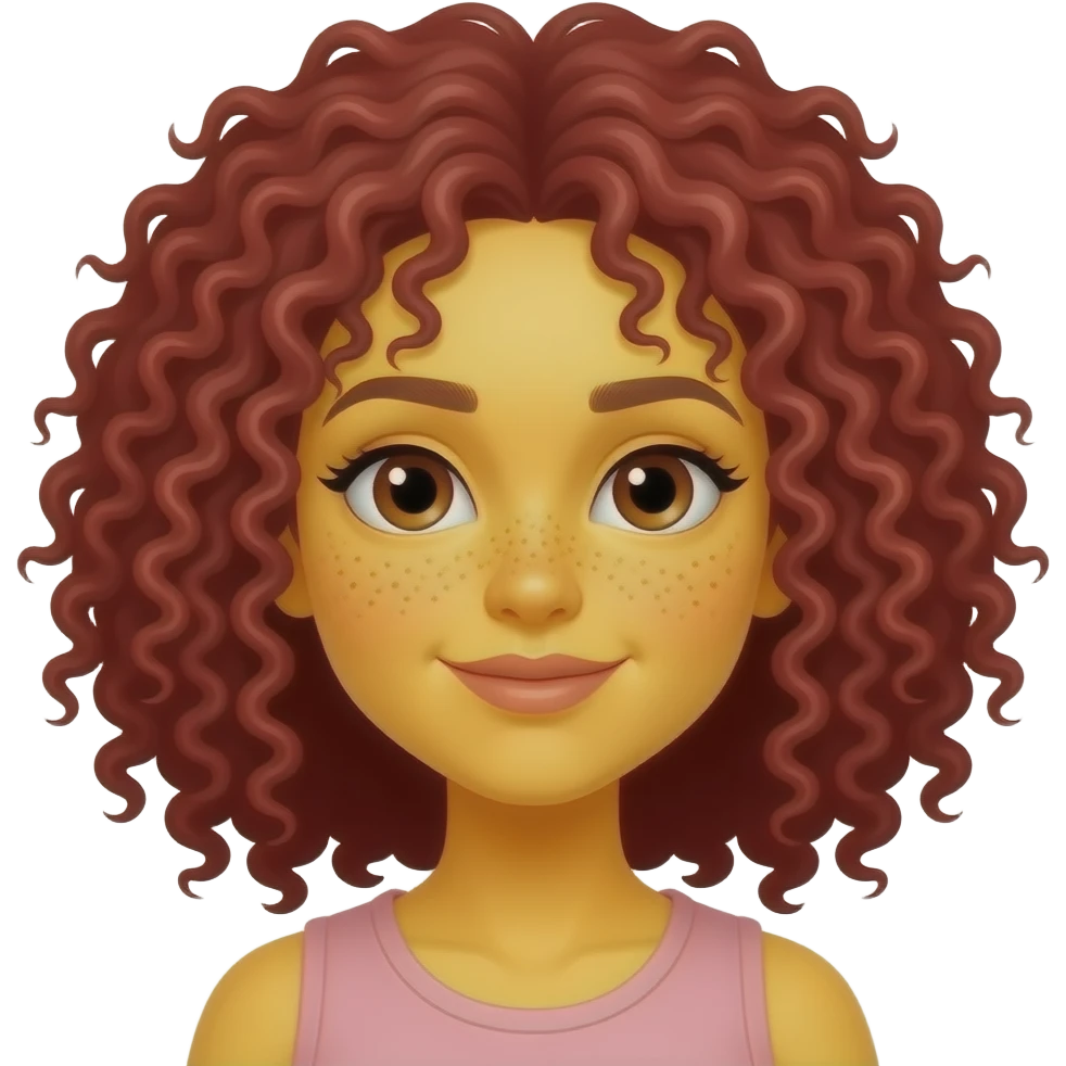 girl with bright yellow skin, red tighter curls curly afro hair & freckles in Google style emoji