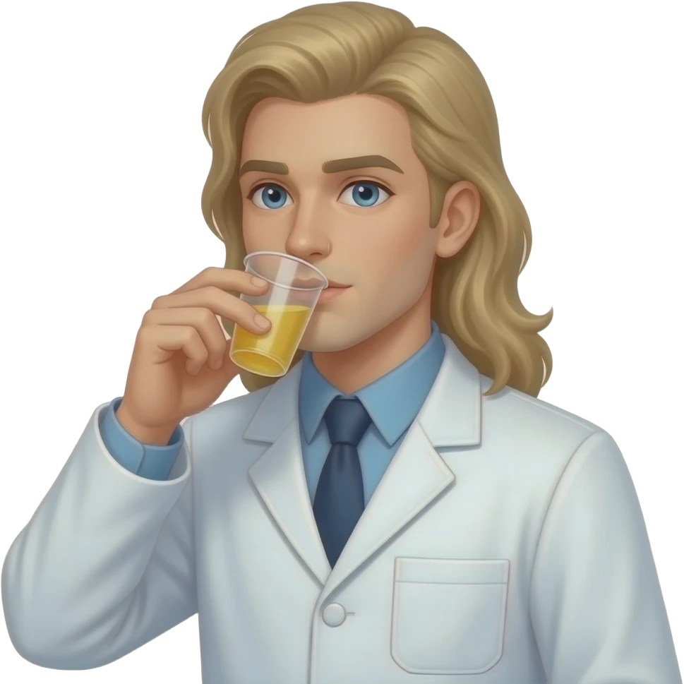 clean shaven blonde male scientist with long hair to his waist drinking from urine specimen cup emoji