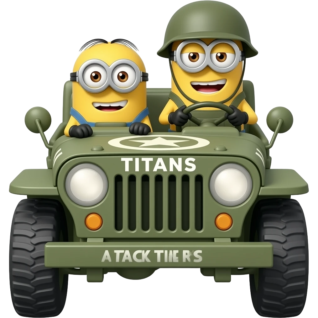 Minion in army uniform driving army jeep with Attack Titans text on hood emoji