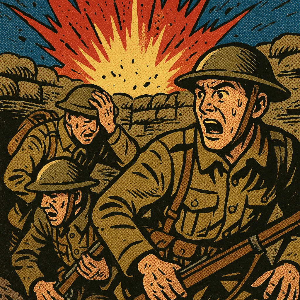 British soldiers in the First World War trenches just after an explosion.  emoji