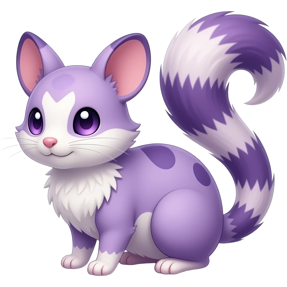 Purple, soft realistic romantic vintage antique divine beautiful elegant pretty precious cute young youthful Fakémon-Pokémon-opossum-feline-mouse-serval-caracal-chinchilla-Minccino-Cinccino-Meowstic-rodent-hybrid-creature with a tufted tail (full body) emoji