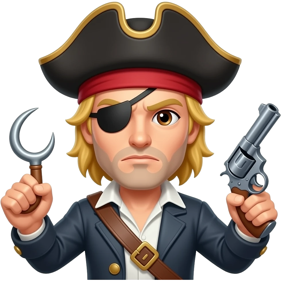 Pirata rubio, ojos cafés, parche en el ojo, gorro garfio con cerveza hombre pelo corto y sin barba con cara sería  ahora en vez de cerveza qué tenga un garfio en una mano y en la otra una pistola de mecha pelo corto en vez de garfio una cerveza emoji