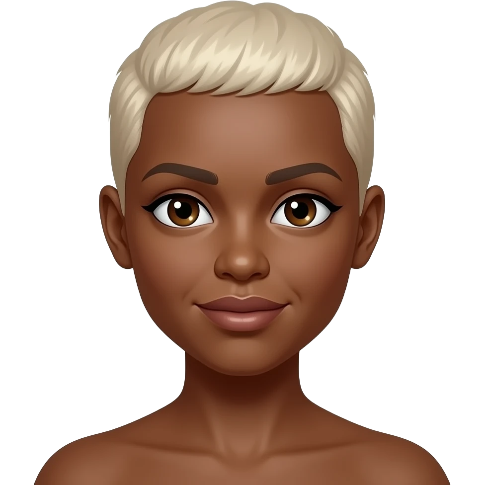 Black woman with a to the scalp hair cut shorter..a platinum blonde color and a copper color skin tone emoji