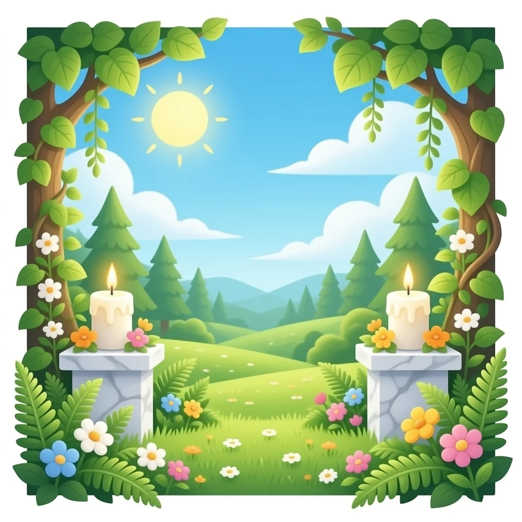 Aesthetic scenic beautiful gorgeous pretty elegant sparkly shiny scene of Candles white and with flowers and marble pedestals and lush vines and ferns emoji