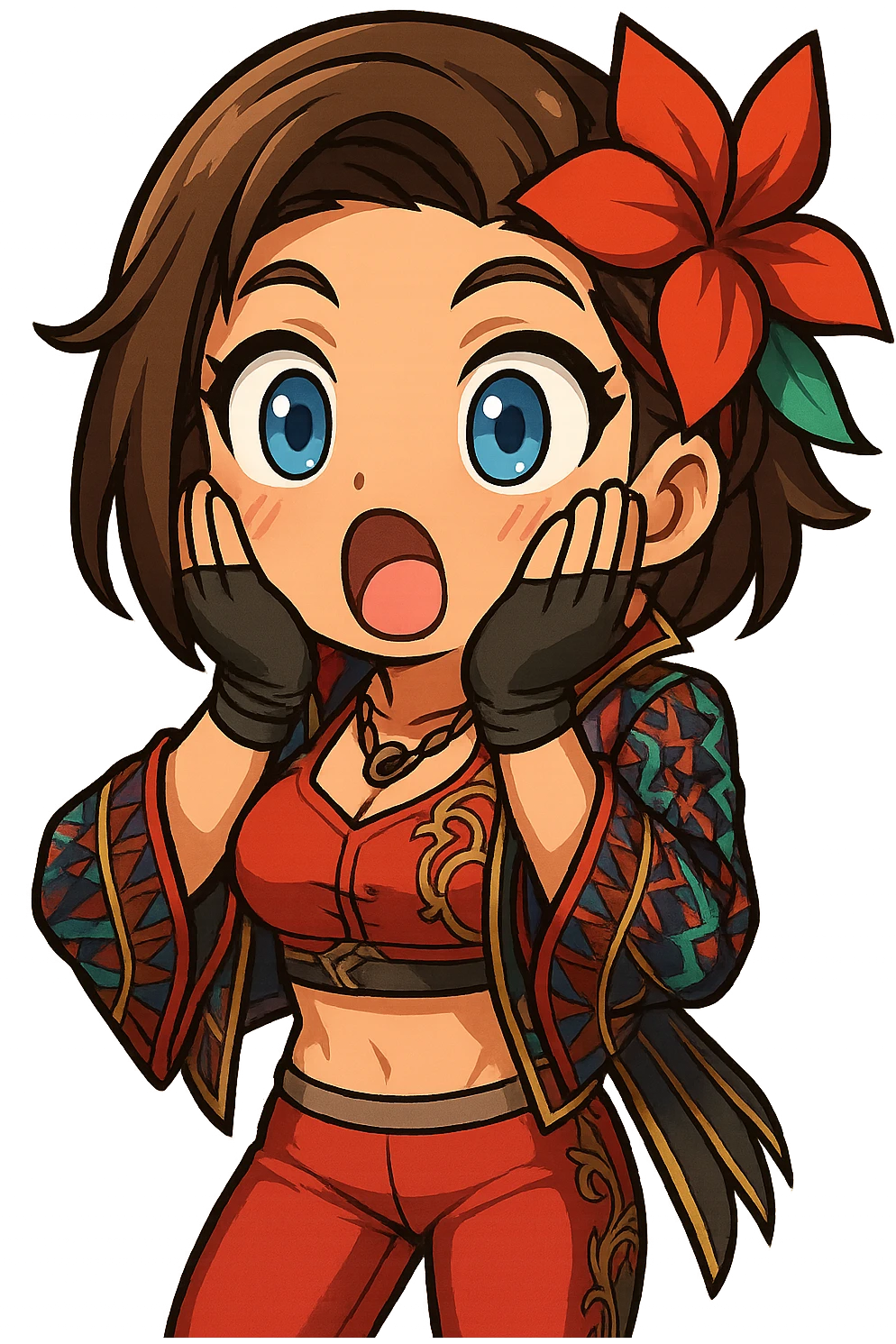 Azucena from Tekken 8 in chibi sticker style, shocked with hands on cheeks, standard Twitch emote, wearing her detailed red and patterned outfit as shown in the reference images. emoji