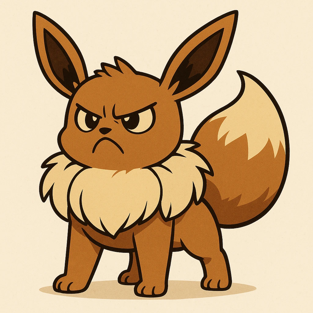 Eevee with a grumpy face, standing tall and puffed up, looking fierce, cartoon style emoji