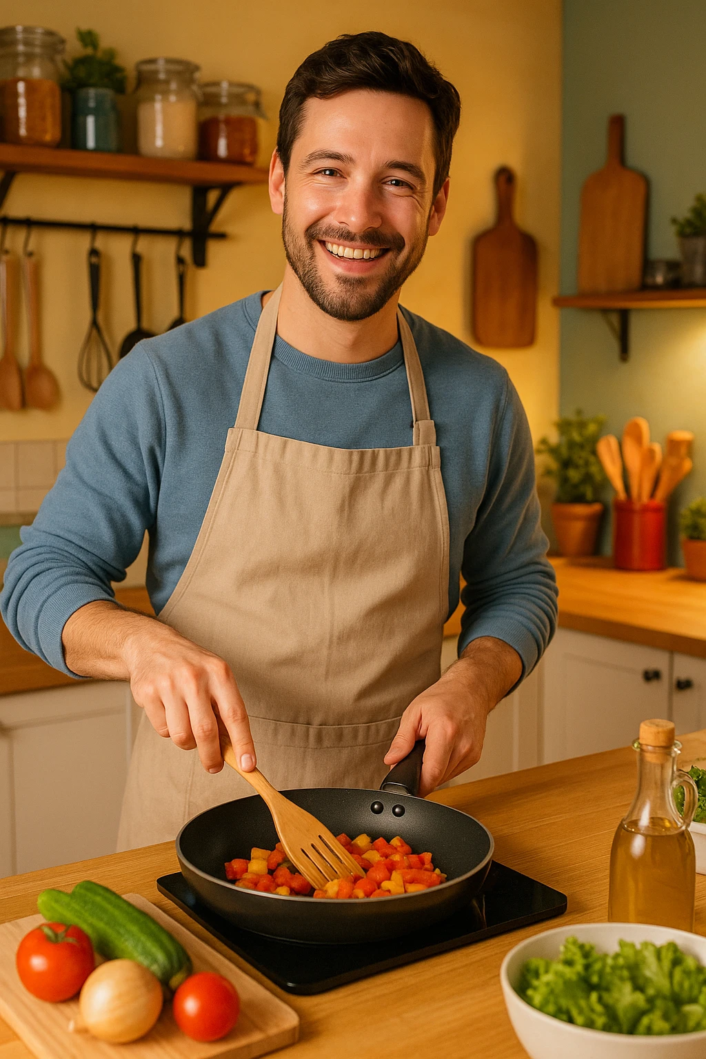A man cooking, wearing an apron, bright and friendly atmosphere emoji