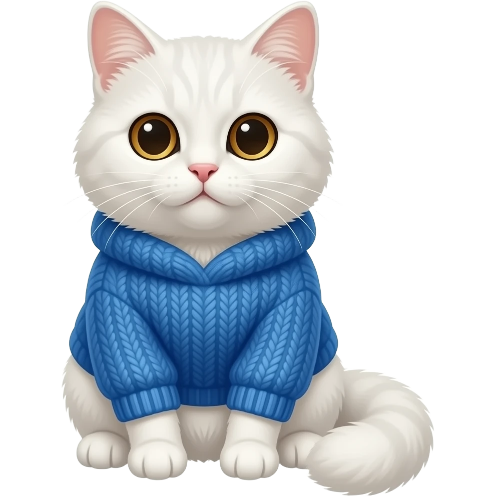 a sitting fluffy white cat with brown eyes in a blue sweater emoji
