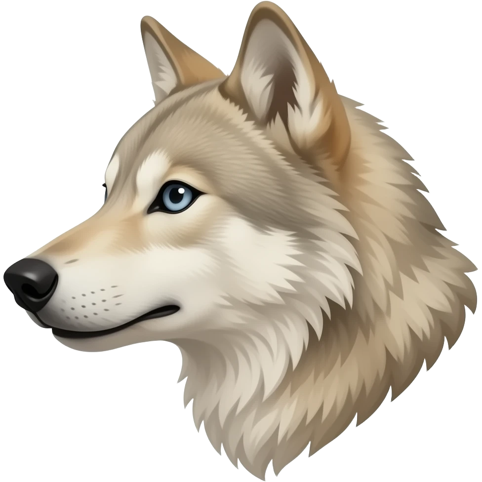 A little bit realistic Adult alpha Beige wolf head very realistic Turn sideways light blue gray eyes emoji