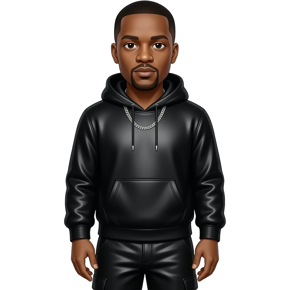 Jay-Z with dark brown eyes, black hair, black metallic sweatshirt, black metallic baggy pants, silver necklace emoji