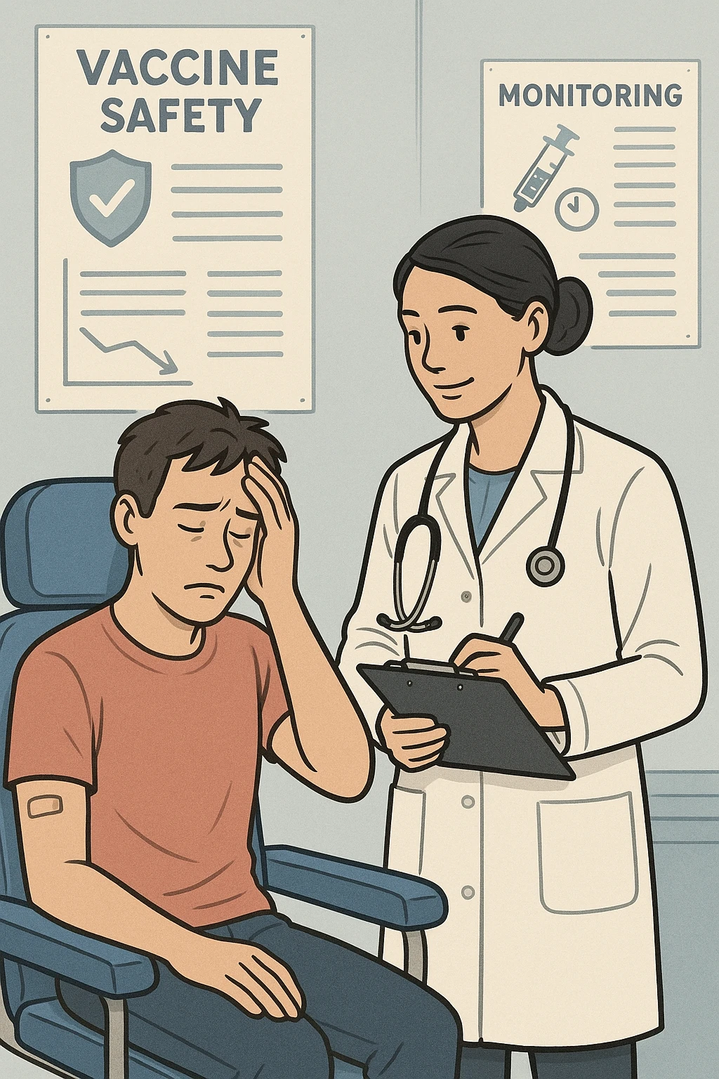 Vertical, educational medical illustration: a healthcare professional observes a patient who appears unwell after receiving a vaccine. The patient sits in a clinic chair, showing mild symptoms such as fatigue or headache, while the professional takes notes and offers reassurance. The background includes educational posters about vaccine safety and monitoring. emoji