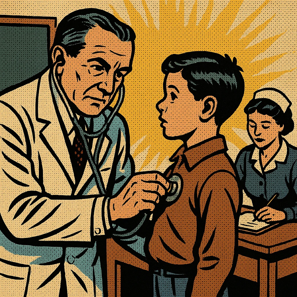 A doctor in the early 1900s examining the heart beat of a school child in a school room.  There is a female nurse recording measurements sitting at a desk next to the doctor emoji