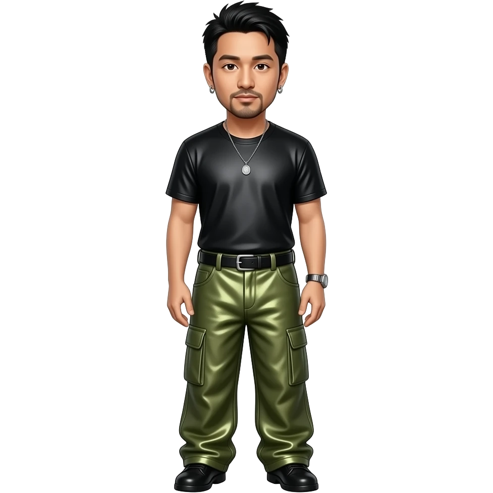 Mike Shinoda with brown eyes, black hair, black metallic t-shirt, olive green metallic baggy loose pants, necklace and earrings emoji