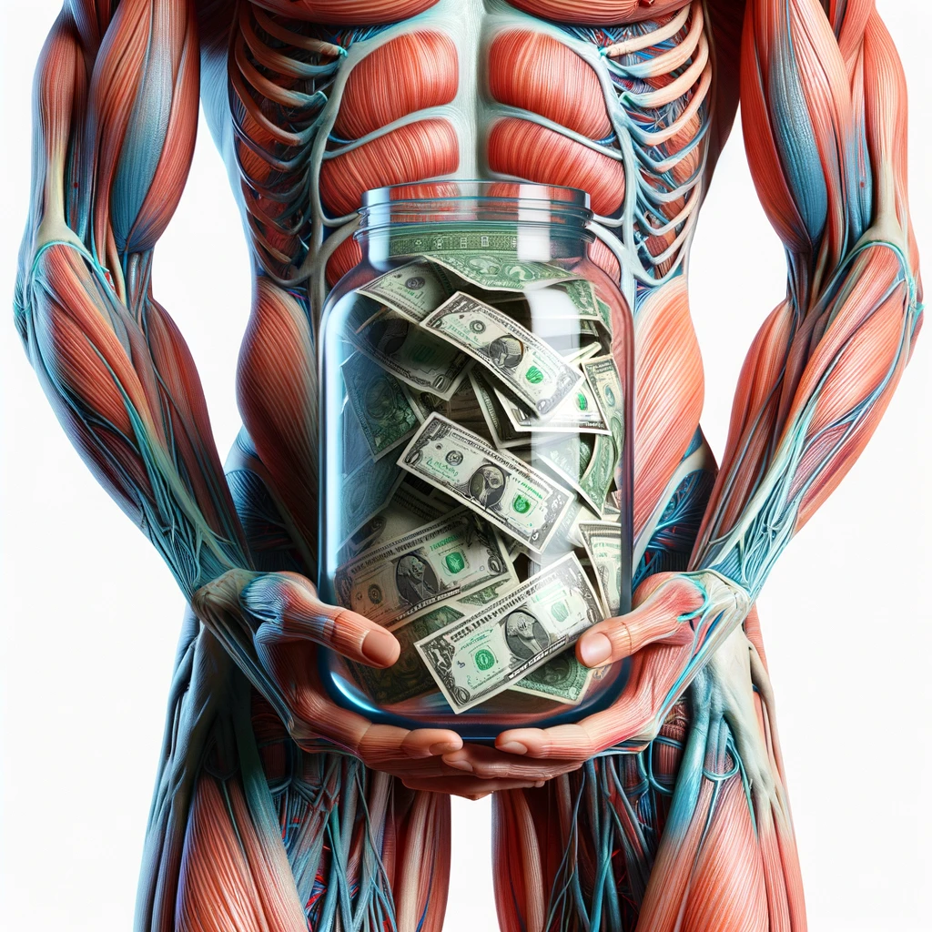 corpo umano anatomico che ha in mano un barattolo di vetro pienissimo di banconote, iperrealistica 4k, isolato su sfondo bianco emoji