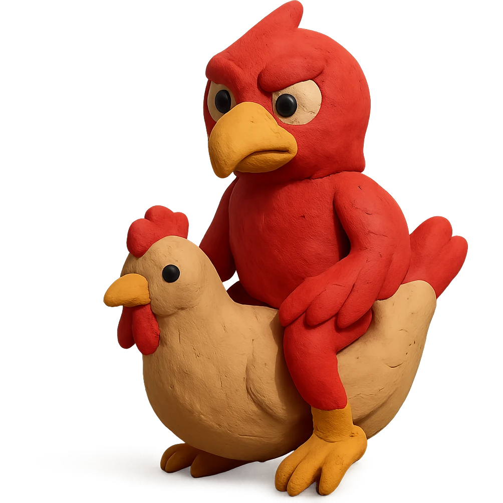 red hawk mascot sitting on a chicken emoji