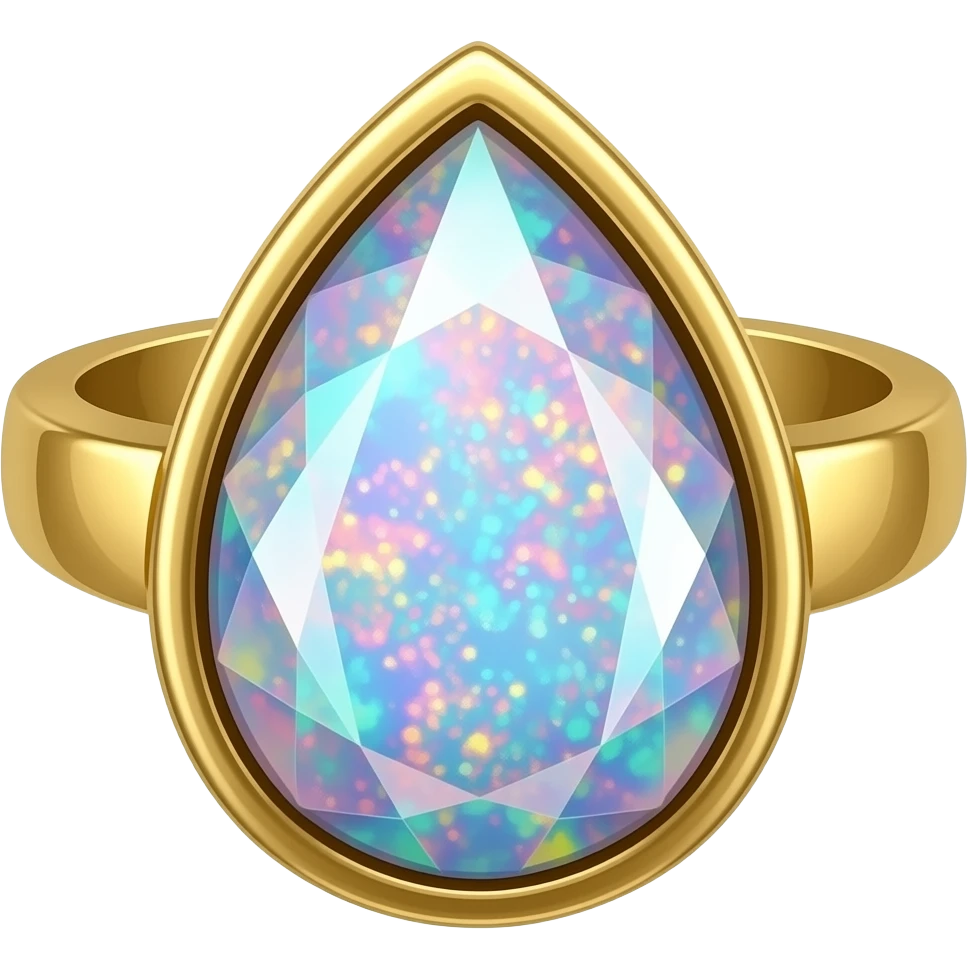 Hyperrealistic mirco-detailed beautiful crystal opal tear drop gemstone with sparkling play on color 10k gold ring, isolated 3d rendering, high definition. Must have no emoji faces no emoji icons no human figures emoji