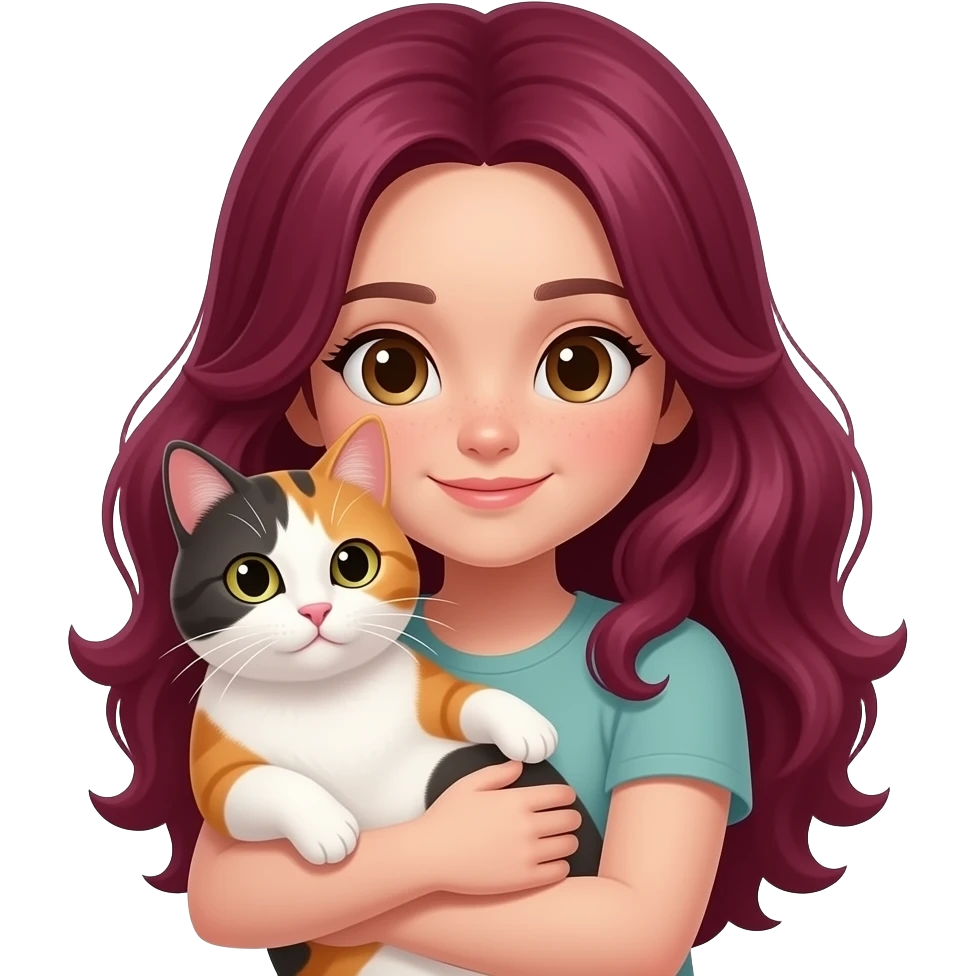 Make her cuddle a calico cat (The girl with maroon hair) emoji