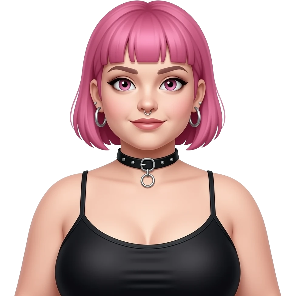 Full body obese goth girl in a spaghetti string halter top with ear rings nose ring, choker and short buzzcut pink hair. show her from head to foot emoji