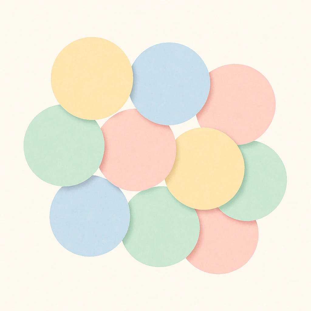 Arrange the pastel multicolor dots in a tight cluster, overlapping slightly, keeping the style soft and cheerful with no background. The style should be soft and cheerful pastel colors. emoji