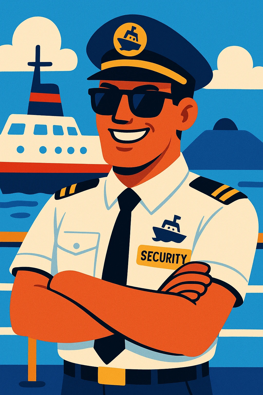 a ship security guard with sunglasses, smiling, in a crisp uniform, with a subtle ship motif, vibrant toon style emoji