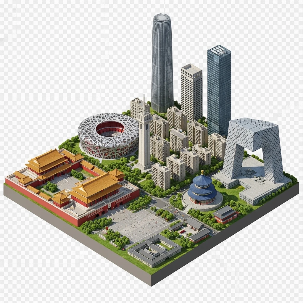 Isometric miniature of Beijing Forbidden City, Tiananmen Square, CCTV Headquarters, Temple of Heaven, China Zun skyscraper, Bird’s Nest Stadium, Beijing apartment blocks, 3D miniature effect and Tilt Shift effect, no cartoonish look, transparent background, don't cut angles emoji