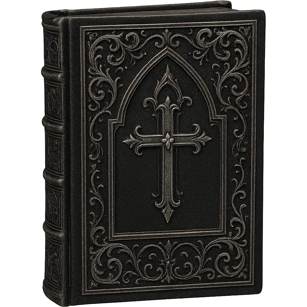 gothic book, black cover with silver details, no background emoji