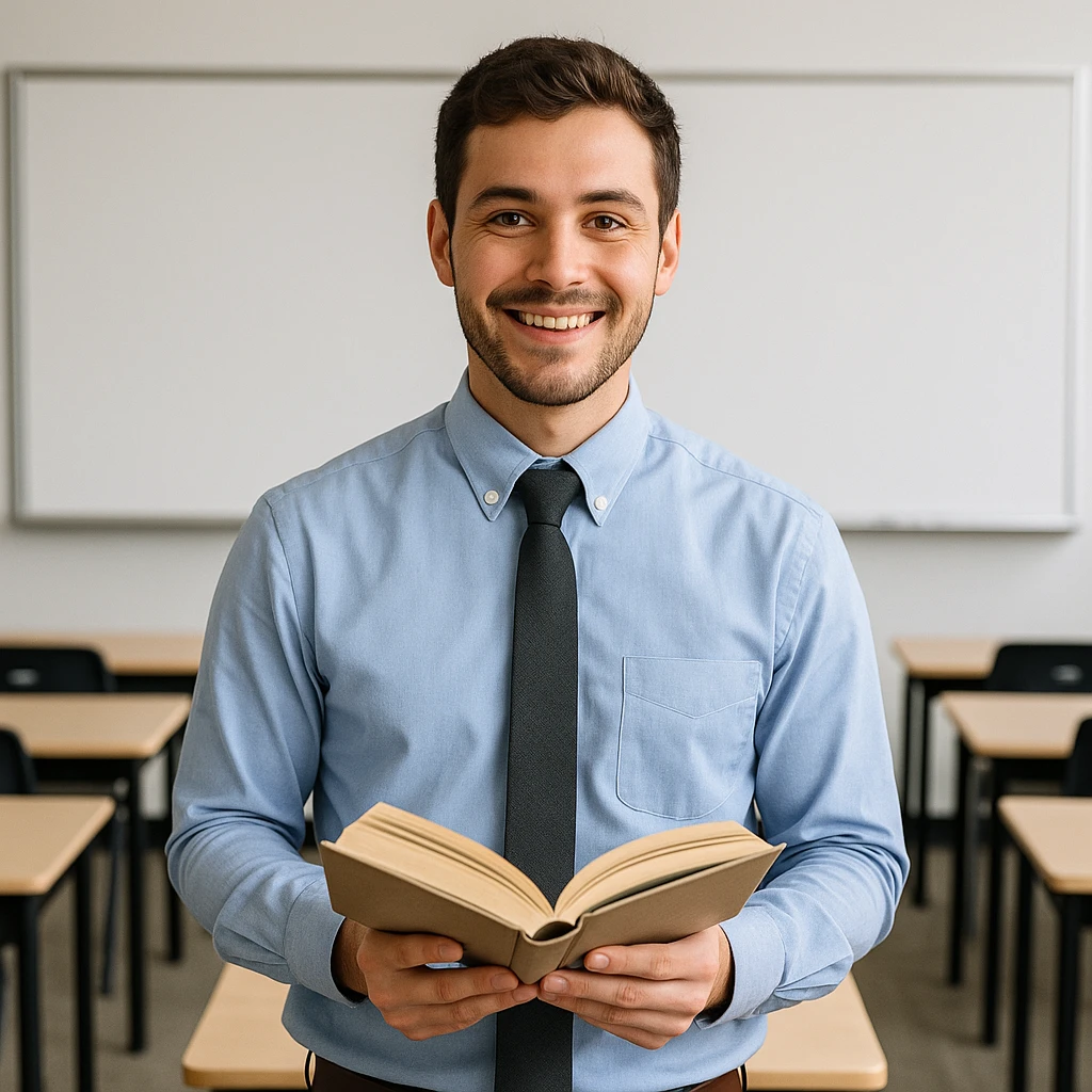 a young male teacher, friendly, holding a book, professional attire, modern classroom background emoji