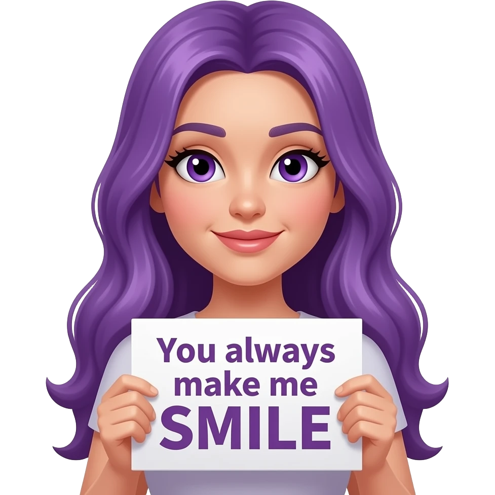 sexy girl with long purple hair and purple eyes holding a You always make me SMILE sign emoji