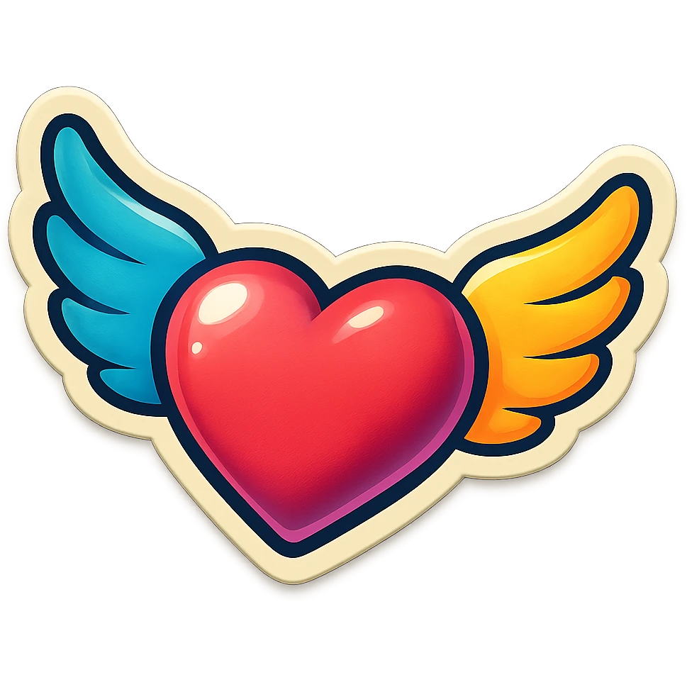 retro sticker style heart with wings, bold and playful emoji