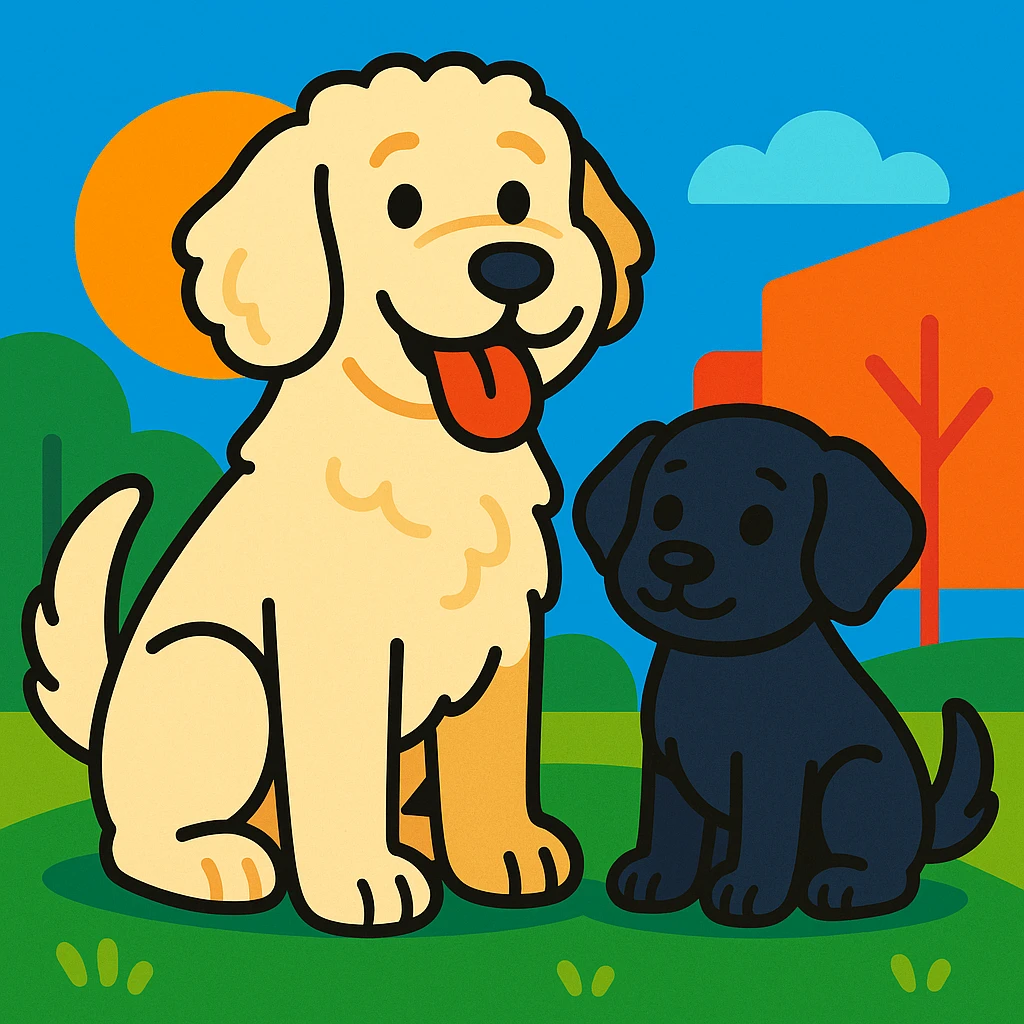large light cream colored goldendoodle and a small black golden retriever, cute cartoon style, colorful, playful emoji