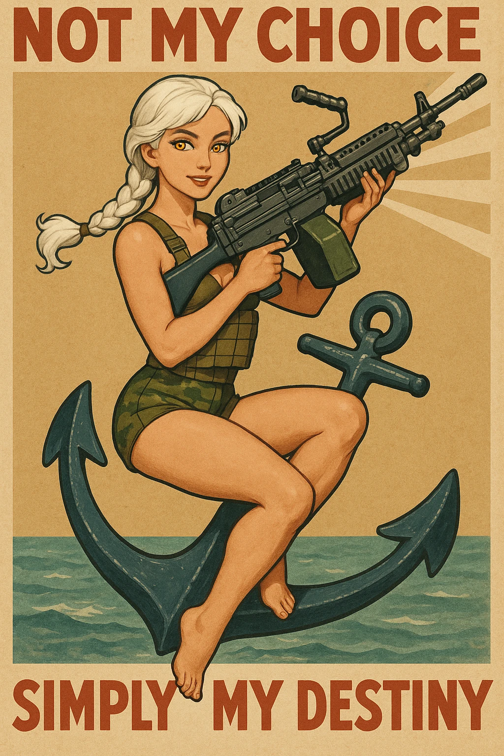 a retro military pinup " not my choice, simply my destiny "
; female figure young,gorgeous, white hair 1 braid, gold yellow eyes, riding side-saddle on a massive anchor , with a massive LMG 249,  wearing a swimsuit and bdu bottom with plate-carrier emoji