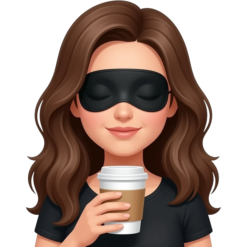 quiero un emoji estilo apple de una chica de piel blanca, morena de pelo, con el pelo suelto pero que s ele vea bien la cara no quiero pelos que le tapen la mitad de la cara y que tenga unos eye patches (que se ponen en las ojeras) negros puestos en la cara y que esté sujetando una taza de cafe emoji