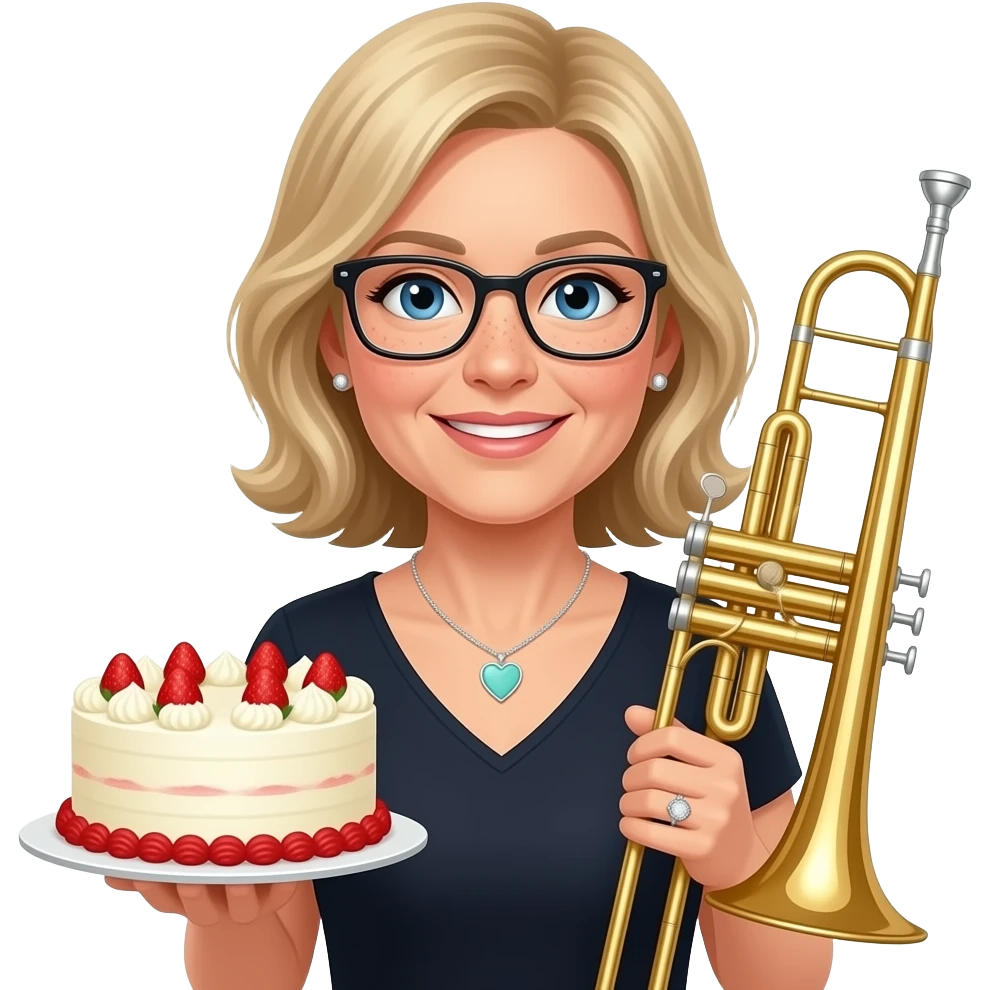 AJM - woman, mid 40's, strawberry blonde hair, blue eyes, diamond engagement ring, small silver earrings, rectangle glasses, freckles, tiffany heart necklace, hobby playing trombone and making cakes emoji