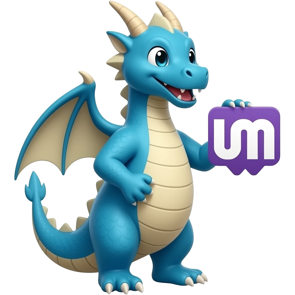 Blue dragon holding twitch logo looking right emoji