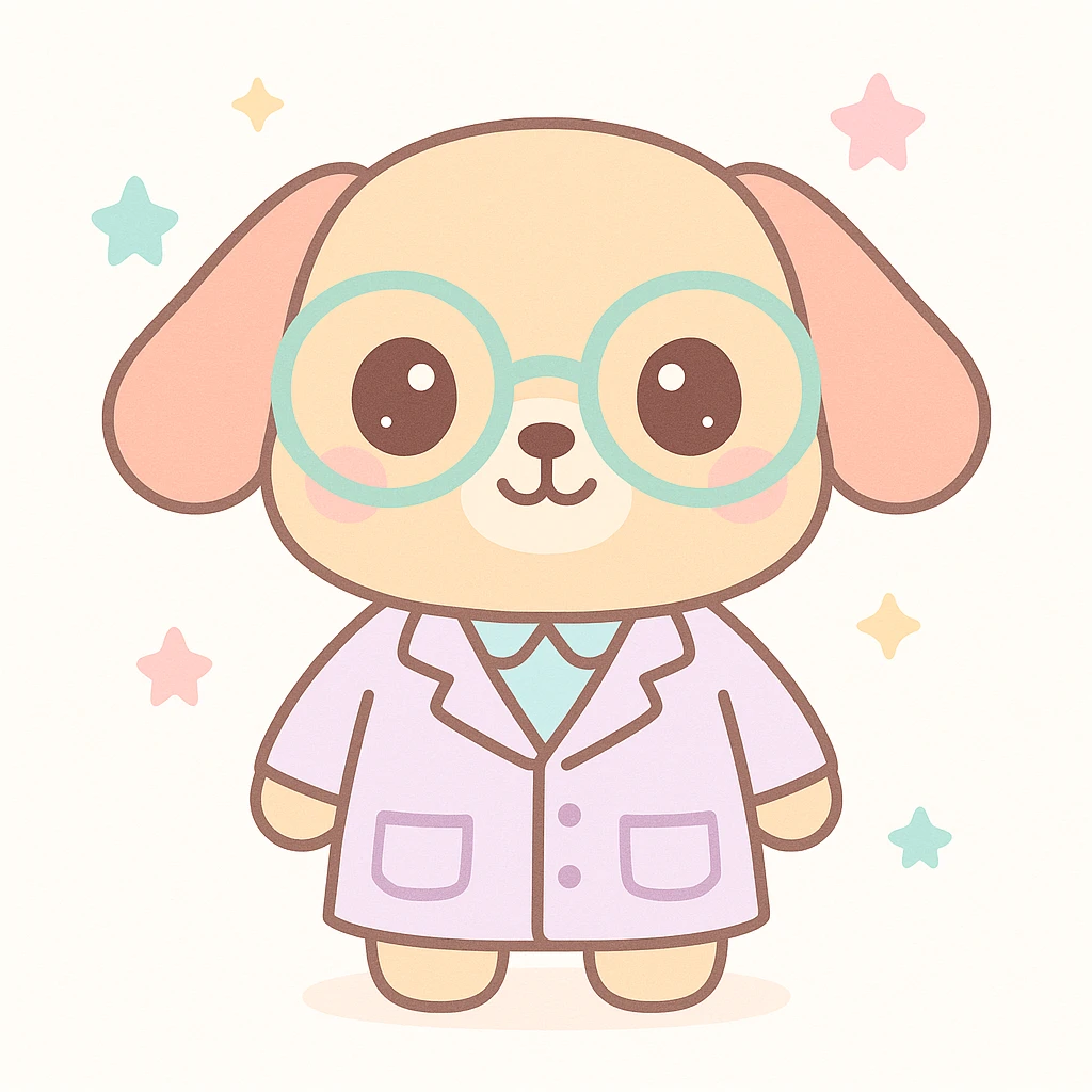 kawaii style scientist dog, wearing a lab coat and big glasses, pastel background emoji