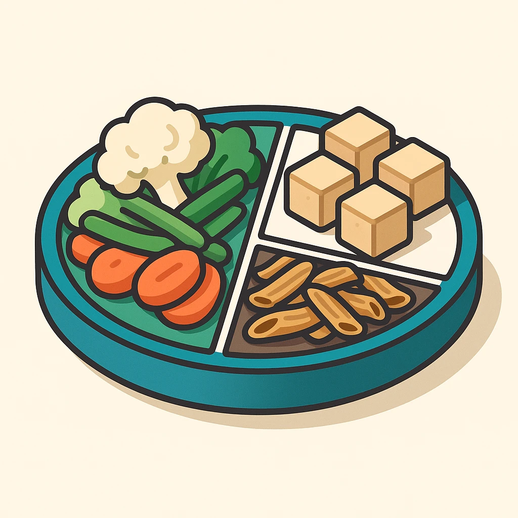 Harvard plate: half with steamed vegetables including cauliflower, green beans, carrots; one quarter with tofu cubes as protein; one quarter with whole grain pasta as complex carbs, 2D isometric illustration style emoji