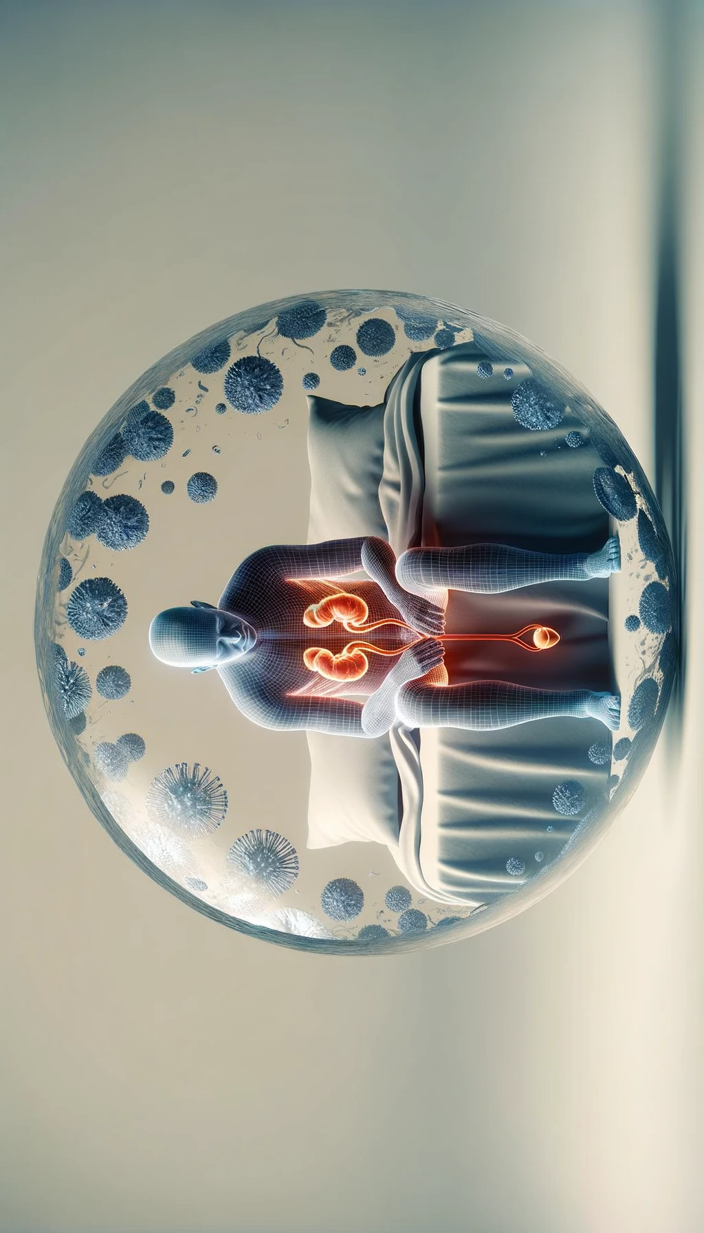 CORPO UMANO ANATOMICO SEDUTO NEL LETTO CHE NON RIESCE A DORMIRE, VESCICA ANATOMICA IN EVIDENZA, IPERREALISTICO SFONDO CHIARO NEUTRO emoji