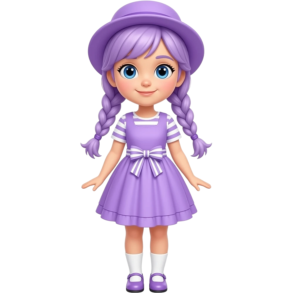 A girl with pale purple hair tied in braids and blue eyes, wearing a pale purple dress with white striped short sleeves and skirt, a pale purple frill, and a pale purple and white striped waist bow, pale purple shoes with white socks, and a pale purple hat. emoji