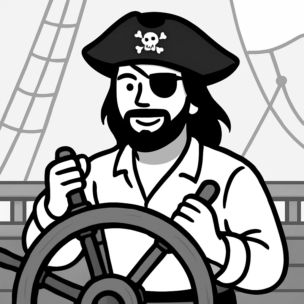 pirate with hat and eye patch at the helm of a pirate ship emoji
