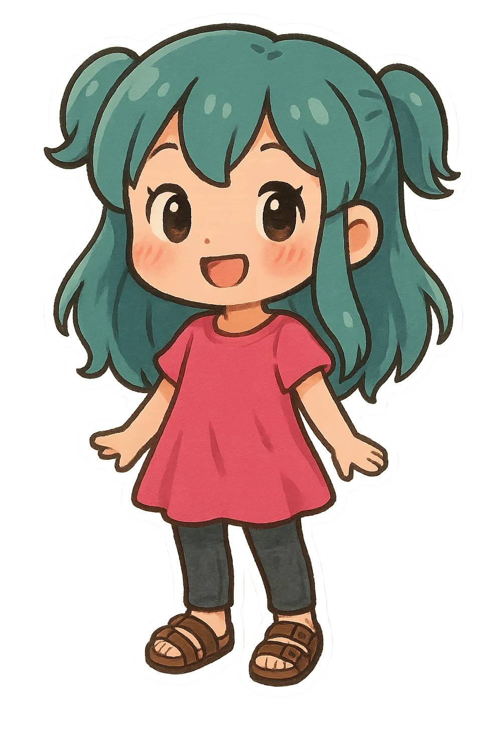 cute chibi style girl with teal hair, wearing a hot pink dress, black jeans, and brown birkenstocks emoji