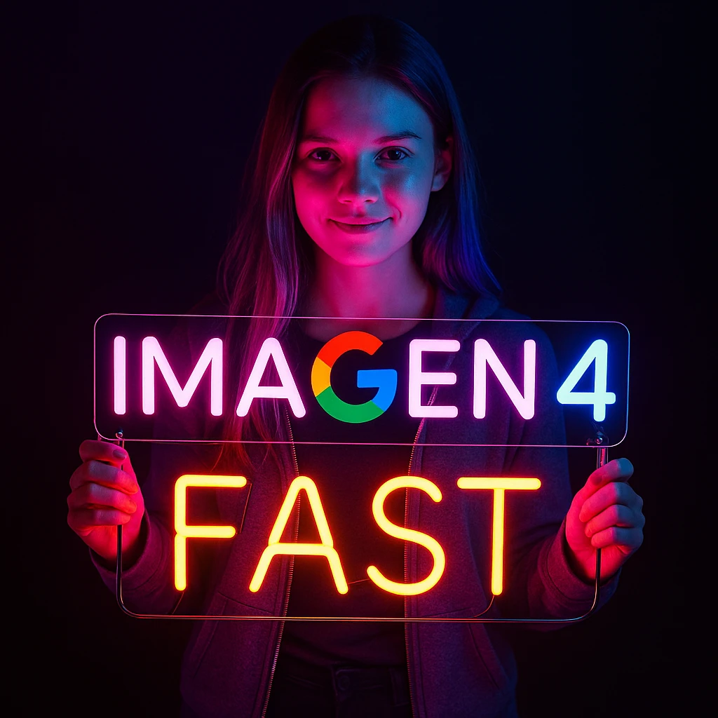 make a girl holding this sign, but sign in made of neon, also add fast below the sign emoji