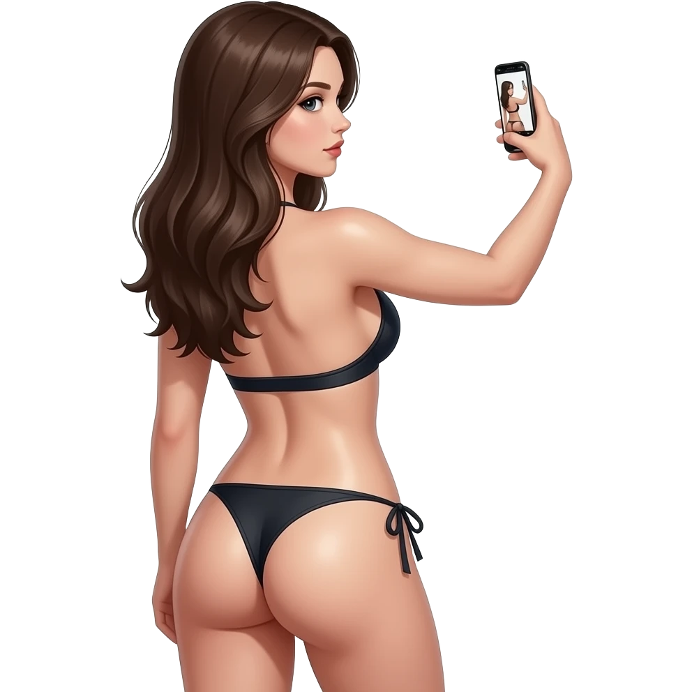 girl wearing only a thong, topless taking selfie, back facing viewer, looking at viewer, full body, hot, sexy, pale skin , realistic proportions, oiled up, glistening skin emoji