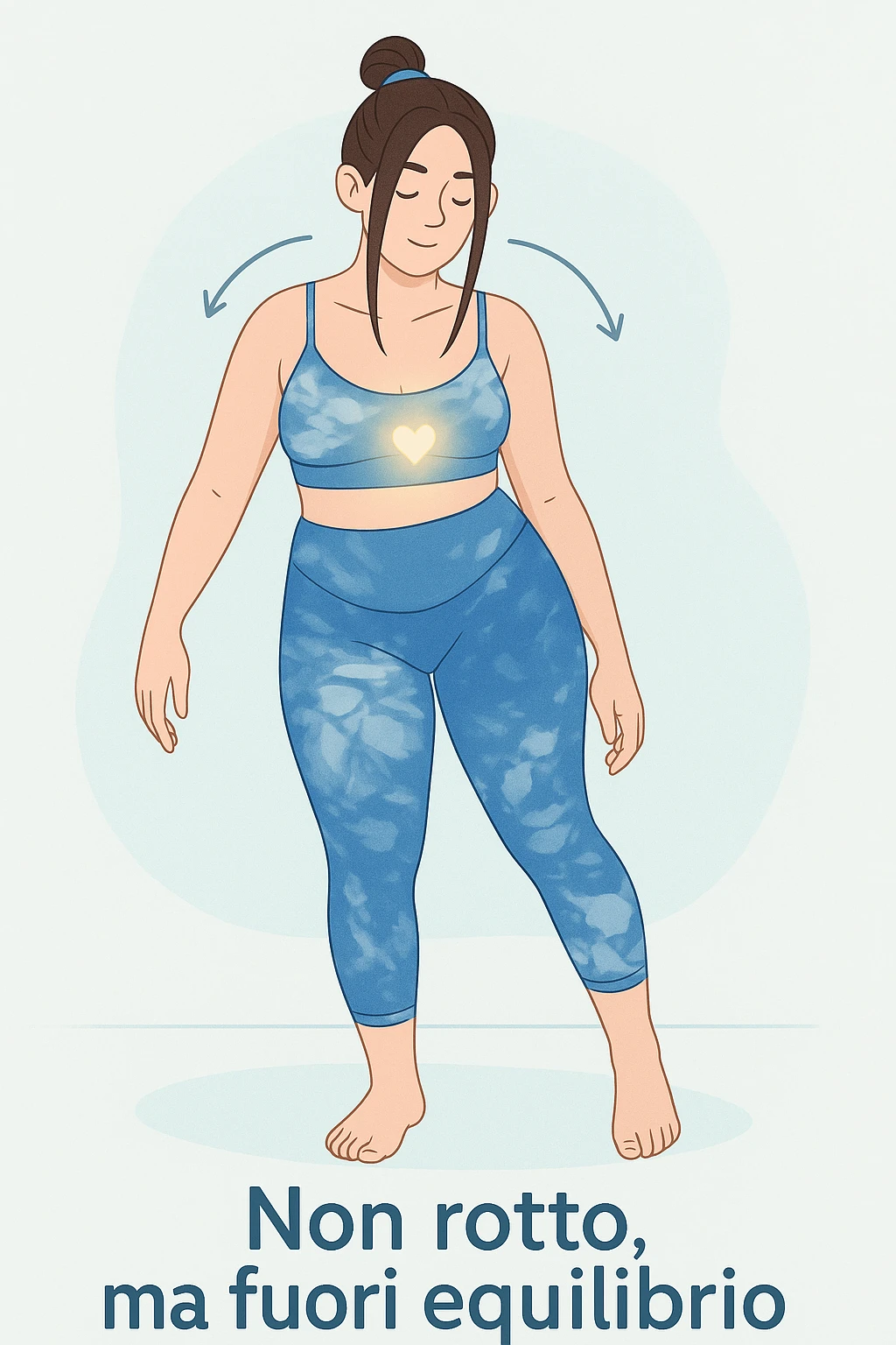 a woman stands in a relaxed pose, with a gentle, confident expression. Her body is shown with subtle, curved lines or arrows indicating areas of imbalance (such as a slight tilt in the shoulders or hips), but no signs of injury or damage. A soft glow or heart symbol at her core emphasizes resilience and the message “Non rotto, ma fuori equilibrio” The background is clean and clinical, with light blue tones. emoji