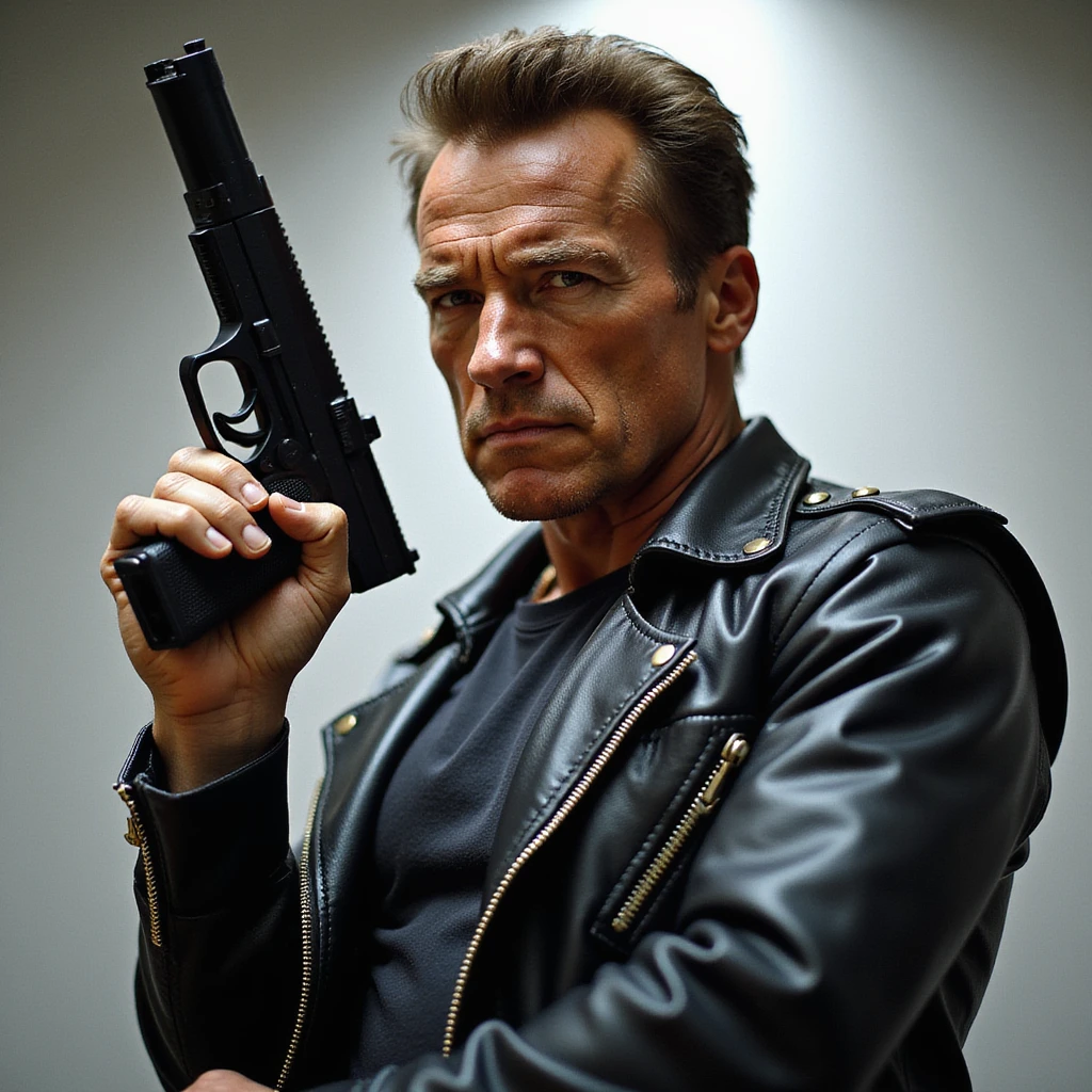 realistic style, Arnold Schwarzenegger as the Terminator, holding a raised gun, intense expression, detailed and lifelike emoji