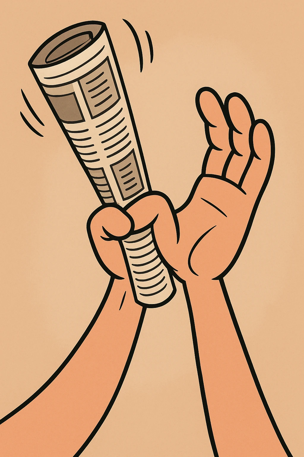 cartoon style hand holding a rolled up newspaper, raised in a playful, exaggerated pose as if ready to smack, no person or body visible, just the hand and newspaper emoji