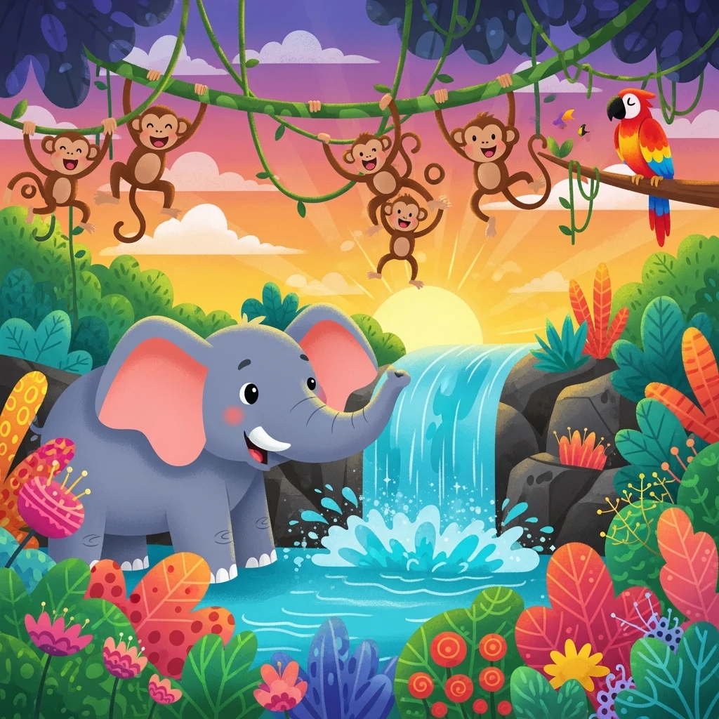 digital illustration of jungle safari in the style of children's story book emoji