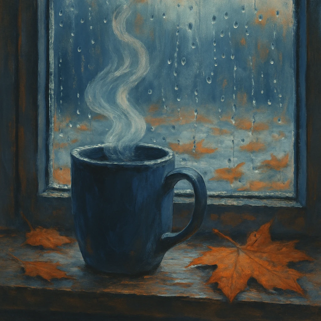 steaming mug on a windowsill, raindrops on the glass, and fallen autumn leaves outside, in cool autumn colors emoji