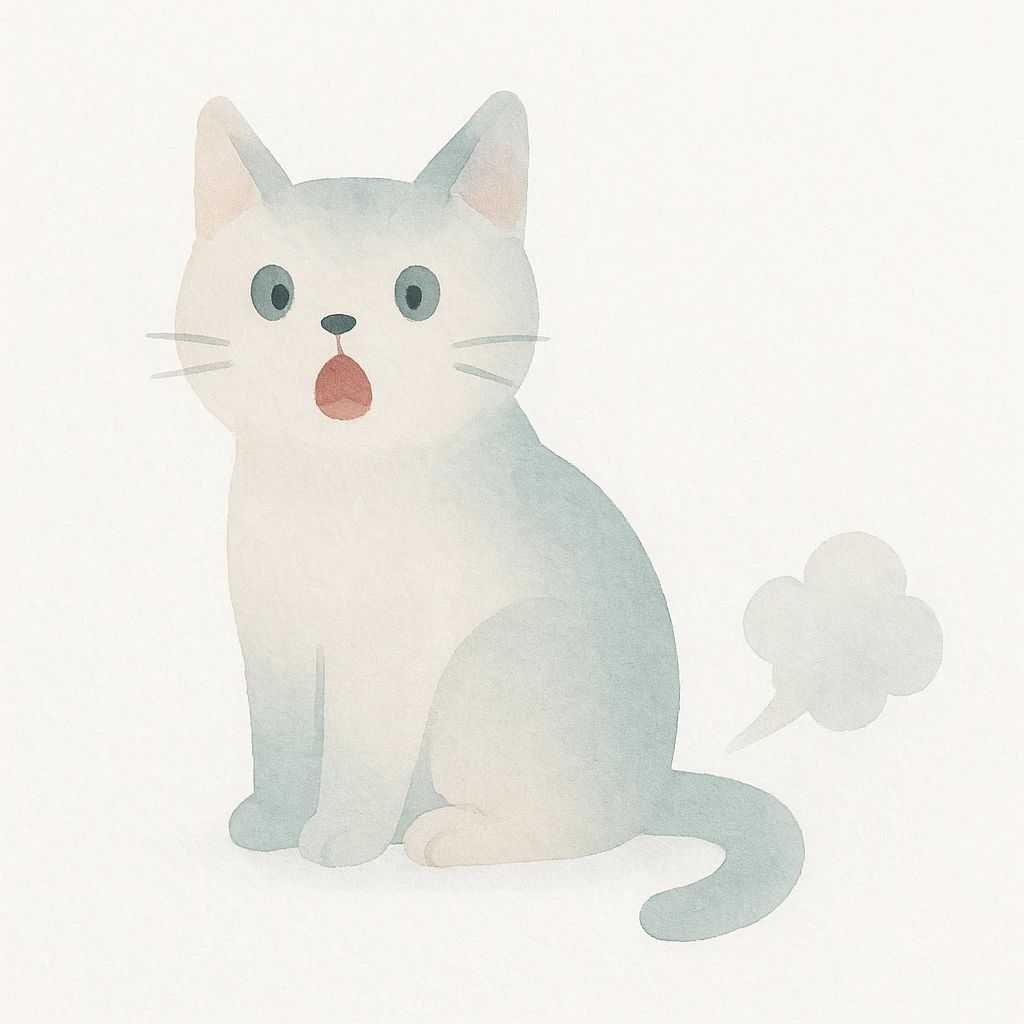 cat with a surprised expression and a visible puff of gas, watercolor style emoji